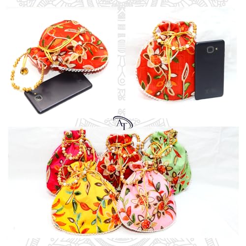 Image of Women Potli Bags | Zari Embroidered Silk With Drawstring | Traditional Return Gifts for Mehandi, Haldi, Baby Shower, Wedding, Sangeet, Seemantham