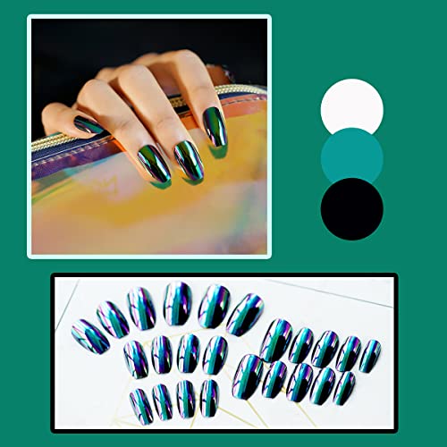 24 Pcs Laser Press On Nails Shorts Length Reflective Mirror Fake Nails Stick On Nails Supply Metal Plating False Nails For Women Girls Almond Nail Decoration Diy Ballerina Full Cover Acrylic Nails #TOP1