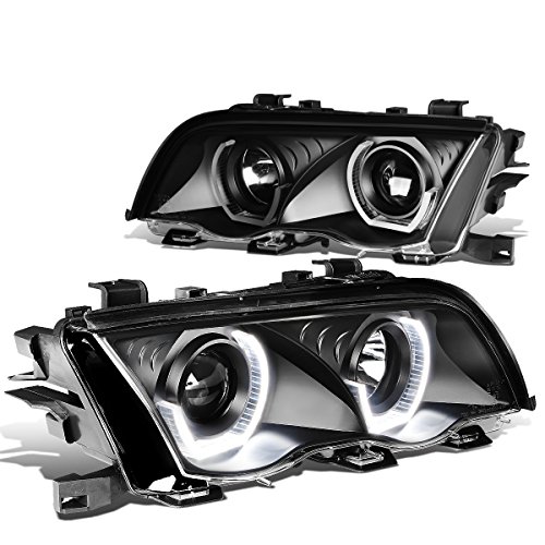 [Halogen Model] 3D Crystal LED U-Halo Projector Headlight Lamps Assembly Compatible with BMW E46 3-Series Sedan/Wagon 99-01, Driver and Passenger Side, Black Housing Clear Lens