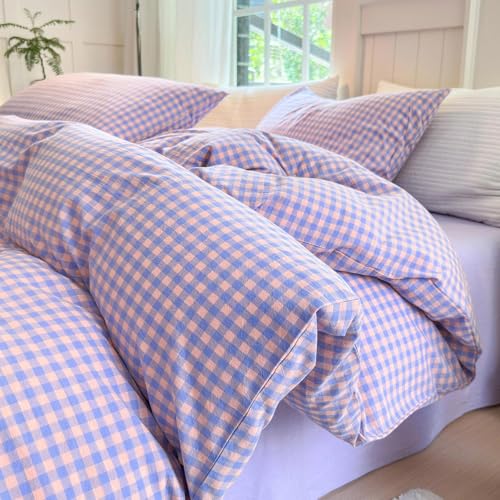 Image of LifeTB Purple Gingham Comforter Queen Comforter Set Fluffy Soft Plaid Checkered Pattern Comforter Purple Pink Gingham Bedding Set Farmhouse Grid Plaid Comforter Set for All Seasons Queen Size