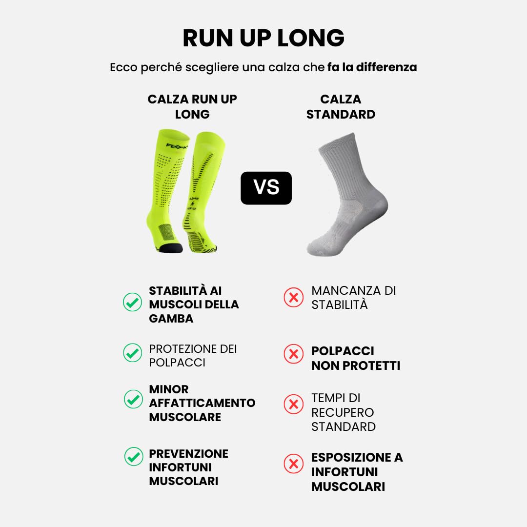 FLOKY RUN UP LONG calze biomeccaniche per running e trekking. Calza alta a compressione. Protezione tendine d'Achille e muscoli gamba, supporto plantare. Massima riduzione vibrazioni