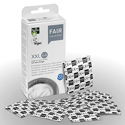 FAIR SQUARED Preservativos XXL 8 unidades 64 mm – Condones veganos climáticamente neutros de caucho natural de comercio justo – condones sensibles al tacto