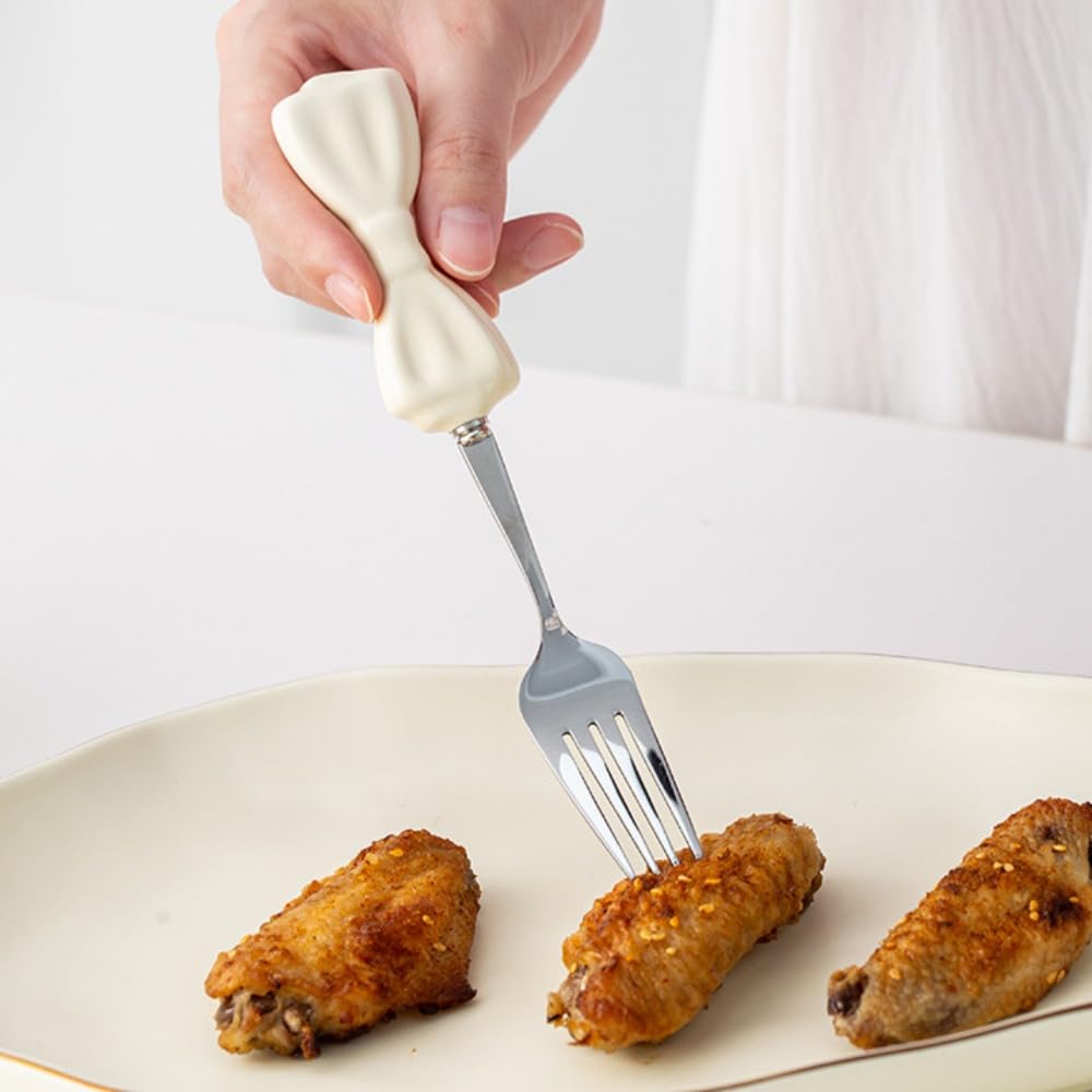 Bowknot Manico in Ceramica Cucina in Acciaio Inox Argenteria Stoviglie Posate Set Posate Bistecca Coltello Forchetta Cucchiaio Cucchiaio Cucchiaino (Nero,12 pezzi)