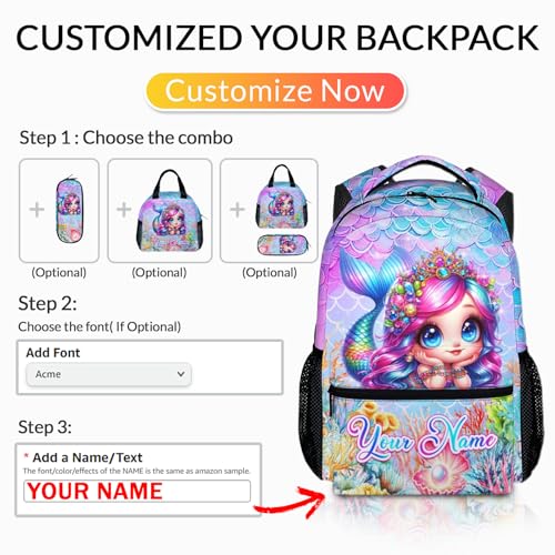 Girls Backpack for School, Personalized Mermaid Backpacks for Kindergarten Elementary, Custom Lightweight Toddler Bookbag with Name for Girls 3-6, Back to School Gift2