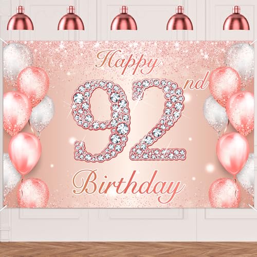 Image of Happy 92nd Birthday Rose Gold Banner Cheers to 92 Years Old Backdrop Confetti Balloons Theme Decor for Women 92 Years Old Pink Birthday Party Decorations Bday Supplies Background Favors Gift Glitter