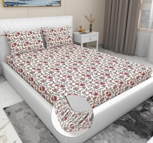 Image of RD TREND Presents Elastic Bedsheets for King Size Bed (78X72X8 Inch),Glace Cotton 210 TC with 2 Pillow Covers(18 X 28 Inch), Color- Beige Pattern-Red Rose Floral