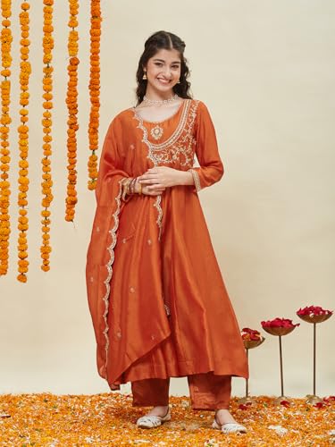 Image of Curly Tales Girls Embroidered Kurta Set with Dupatta | Festive Ethnic Wear for Girls | Stylish Suit Set for Weddings & Celebrations