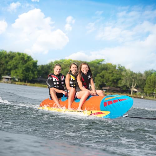 GYMAX Hot Dog Towable, 2/3 Riders Towable Tube for Boating with EVA Seat Pads, Easy Grip Handles, Full 900D Nylon Cover & Drainage System, Inflatable Floating Banana Boat (3 Persons)