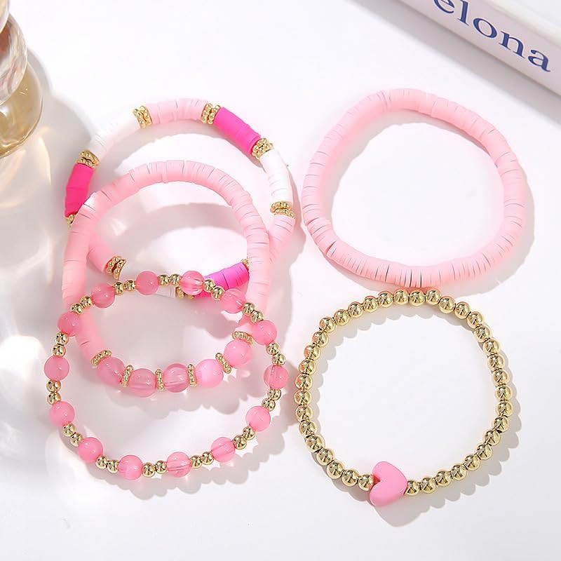 Bohemia Multilayer Heart Clay Stackable Bracelets Set Colorful Surfer Heishi Clay Gold Beaded Stretch Bracelets for Women Men Summer Beach Boho Vacation Jewelry Gifts-Pink - Image 3