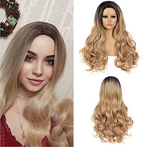 Long Black Wavy Wigs for Women Middle Part Curly Black Wig Natural Looking Synthetic Heat Resistant Fiber Wigs Hair Replacement Wigs for Daily Party Use Wig(28 Inch)