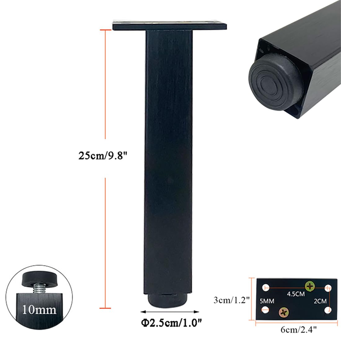 Regulowane czarne kwadratowe futrzane nogi 4-pak – podpórka na sofę i stół ze stopu aluminium wysokość 6-40 cm (9,8") idealne do wewnątrz i na zewnątrz kanapy ławki i wysokości mebli