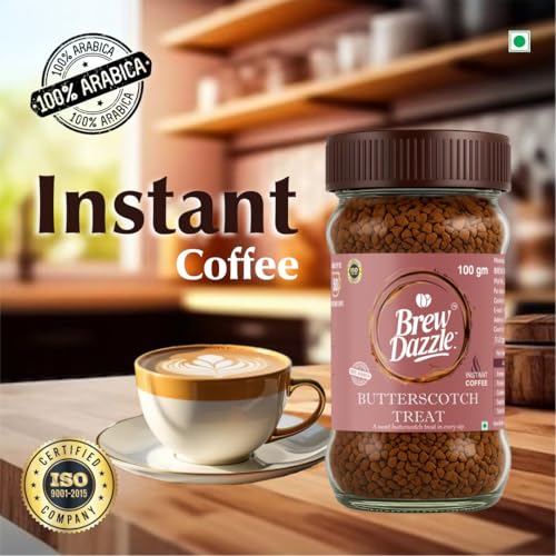 Image of BREW DAZZLE Butterscotch Coffee | Instant Coffee | Rich Flavour Taste & Strong Natural Delightful Coffee Granules | Hot & Cold Coffee Butterscotch Treat | 100% Arabica (100g)