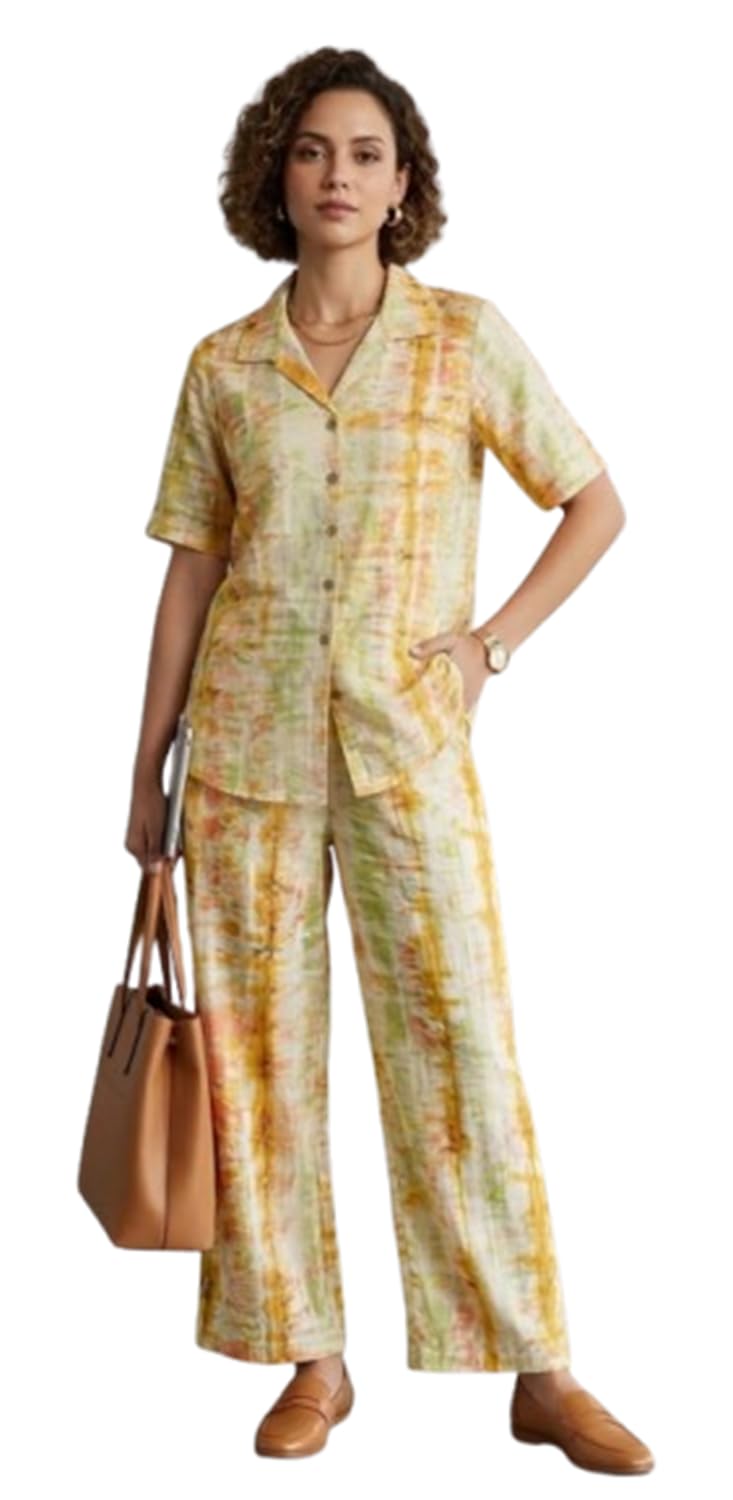 Women's Tie-Dye Co-Ord Set, Cotton Linen Blend, Short Sleeve Shirt & Wide Leg Trouser, Relaxed Fit, Multicolour, Office & Travel Wear-picture-37