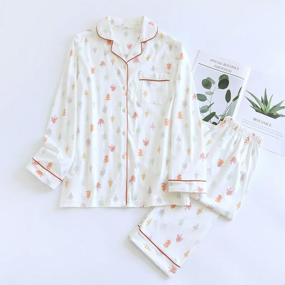 Conjunto de Pijama de Mujer Primavera y otoño, de algodón Tejido, de Manga Larga, de Dos Piezas, Holgado, Estampado, para el hogar