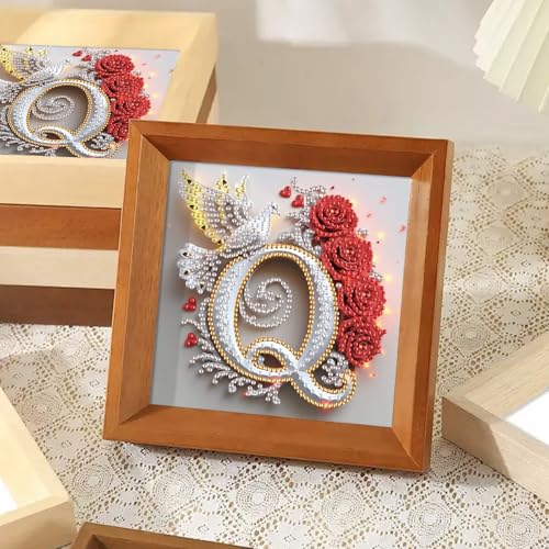 Image of AiYuanzsh 5D Diamond Art Kits for Adults Letter Q, Quaint Rose & Dove Alphabet Special Shape Diamond Painting Kit, DIY Luxury Diamond Art for Home Decoration and Valentine's Day Gift 17x17cm