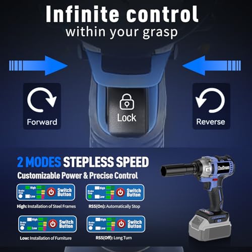 Image of 1 /2 inch Cordless Impact Wrench Compatible with DeWalt Battery, 369Ft-lbs (500N.m) Impact Gun, 2-Speed Brushless Impact Driver for Car Wheels, Trucks, and Rusted Bolts (No Battery Included)