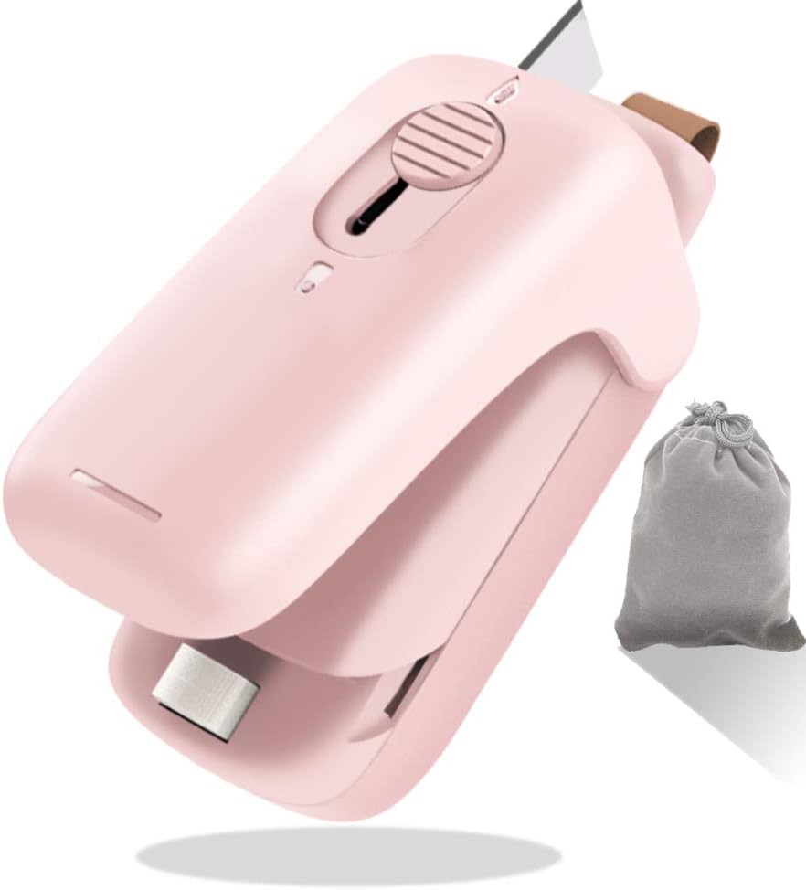 Bag Sealer, Portable Mini Bag Sealer for Snack Bags 2 in 1 Smart Bag Sealer and Cutter Handheld Heat Sealer Stick to Refrigerator Quick Seal for Plastic Bags Food Storage Snack Fresh Bag Sealer (Pink)