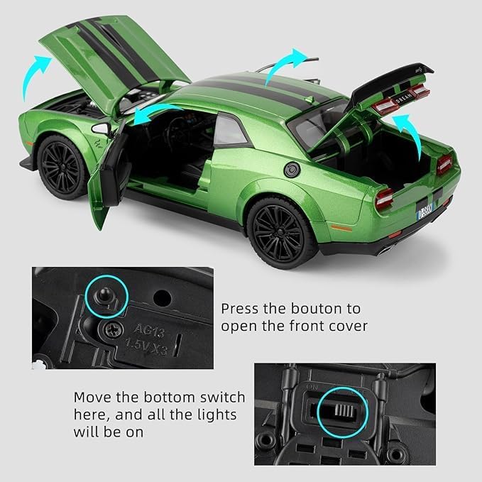 Image of Alokik Enterprise 1:24 Dodge Challenger SRT Hellcat-Devil Eye Diecast Car Models Toys Metal Alloy 2 Openable Door and Sound & Light, Pull Back Toys Gifts for Boys Best Gift Car (Color As Per Stock)