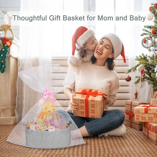 Image of COMSE Small Gift Basket Empty with Bag & Ribbons, Solid Cool Gray