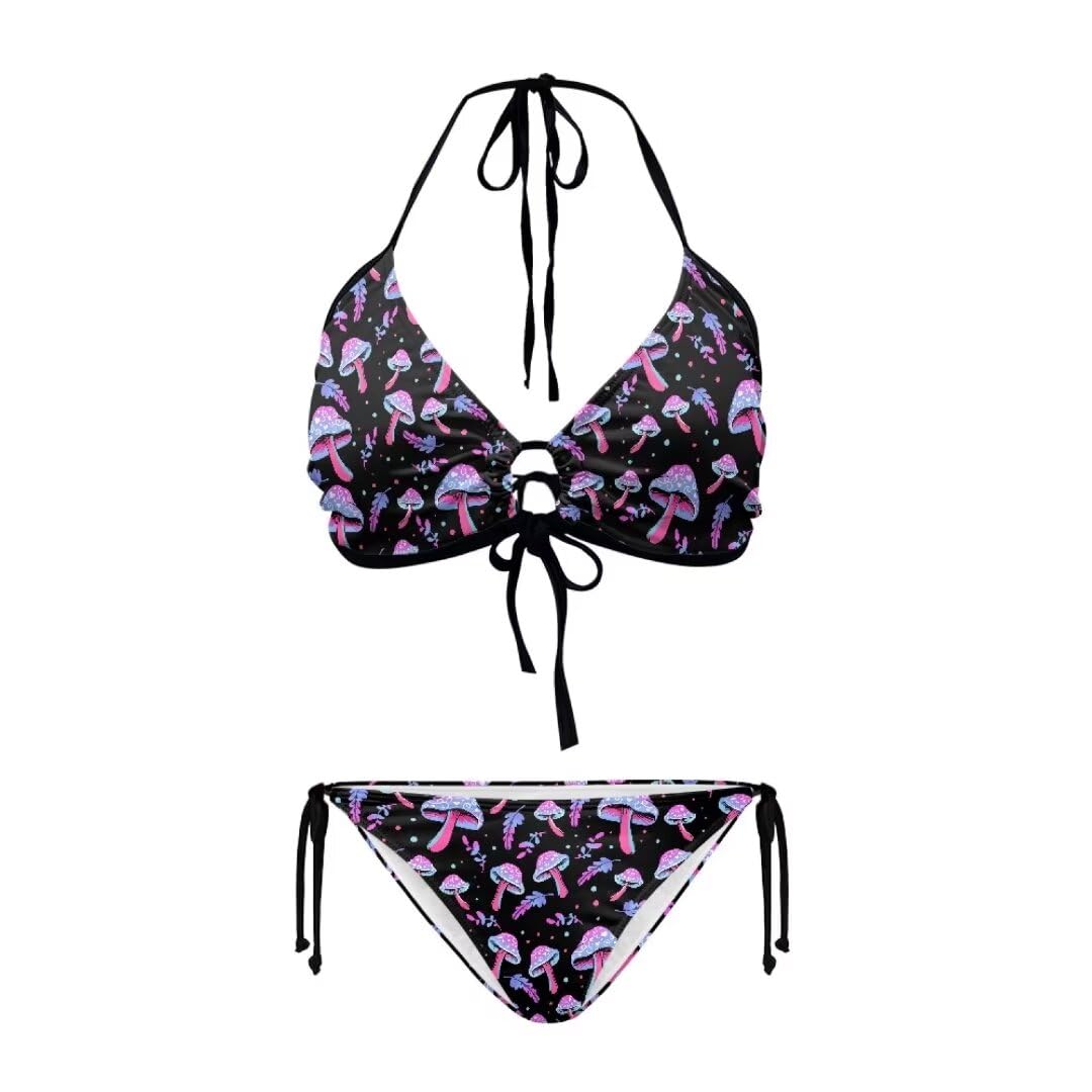 Youngerbaby Purple Mushroom Print Bikini Sets Two Piece Swimsuit Halter Tops and Tie Side Bottoms Summer Beach Bathing Suits Swimwear Plus Size XL