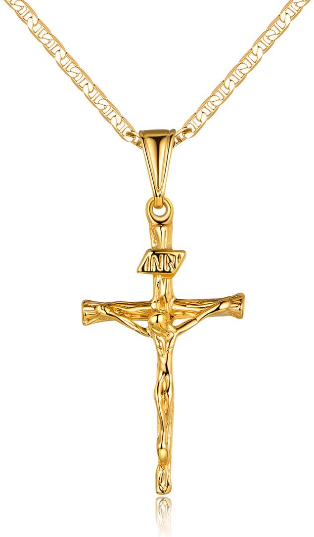 Cross Necklace for Women & Men 18K Gold Plated Flat Mariner/Marina 060 3MM Chain Necklace With Cross Pendant.