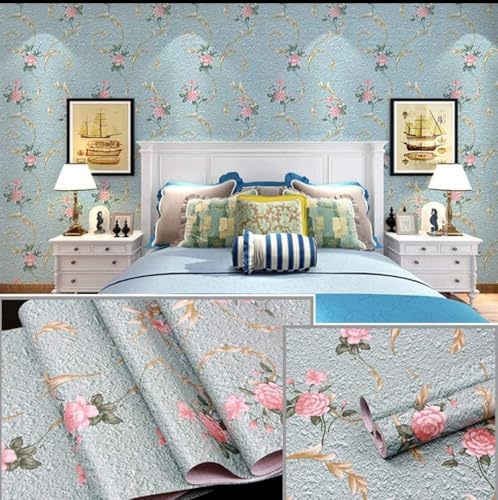 Image of NANA's Collections Blue Floral Design Wallpaper - Self-Adhesive Waterproof Peel & Stick Wall Paper for Living Room, Bedroom, Kitchen - 45cm x 600cm Roll