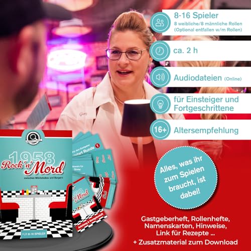Stadtkrimis Exit Escape Stadtführung 1958 Rock’n’Mord – Krimidinner Partyspiel für 8–16 Personen | Rock’n’Roll 50iger Jahre American Diner | Gesellschaftsspiel für Erwachsene, Dinnerparty & Spielabend Silvester, Weihnachten, Geburtstag