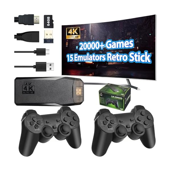 Wireless Retro Game Console Stick Built-in 20000+ Classic Games, 4K HDMI Output Nostalgia Plug & Play Retro Video Gaming Stick with 15 Emulators and Dual 2.4G Wireless Controller（64GB Memory Card）