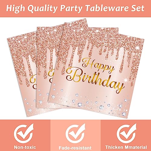 Image of ZOIIWA 96 Pieces Happy Birthday Tableware Set for Pink Rose Gold Table Decorations Supplies Dessert Plates Napkins Forks Women 24 Guests Disposable Party Favors