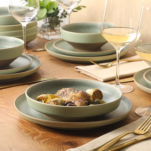 Image of Gibson Elite Octavia Place 16 Piece Stoneware Dinnerware Set, Service for 4, Coupe Modern Plates & Bowls, Reactive Glaze Finish, Green, Microwave & Dishwasher Safe