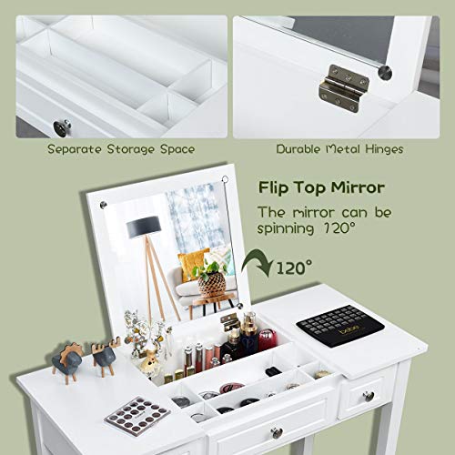 CHARMAID Makeup Vanity Desk with Flip Top Mirror, 3 Drawers, 7 Storage Compartments, White Writing Desk Dressing Table Vanity Set with Cushioned Stool for Kids Girls Women, Easy Assembly
