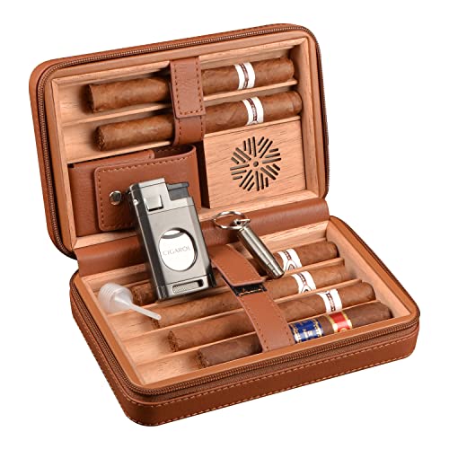 Volenx Zigarren Humidore Leder mit Feuerzeug, Tragbarer Reise Humidore mit Zedernholz-Auskleidung, Zigarren Feuerzeug mit Zigarrenabschneider, Zigarrenetui für 6 Zigarren (Braun) Cover
