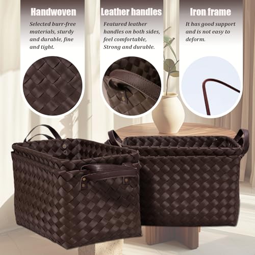 Image of Handwoven Clothes Basket Laundry Hampers Large Wicker Storage Baskets for Shelves Blankets Closet Storage Bins Car Bedroom Bathroom Organizers and Storage Bath (Pack of 4, Espresso color)