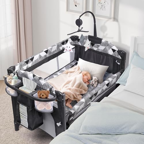 Image of Xilingol 5-in-1 Pack and Play with Changing Table, Baby Bassinet Bedside Sleeper with Storage Bag & Music Box, Portable Baby Crib with Carry Bag, Foldable Playard with Bassinet for Newborn to Toddlers