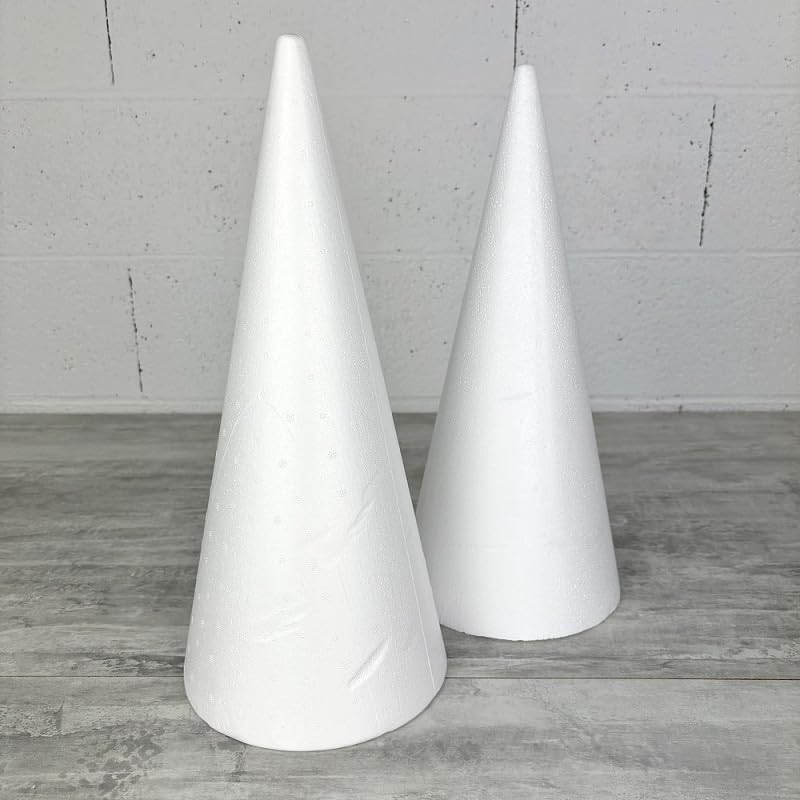 Lot de 2 cônes avec Quelques impacts mineurs en polystyrène Plein, 40 cm de Haut, avec IMPACTS, Base 18 cm, Styro Blanc