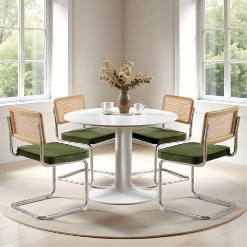 Zesthouse Mid Century Modern Dining Chairs Set of 4, Natural Rattan Dining Chairs with Solid Wood Back & Chrome Base, Upholstered Velvet Fabric, Green