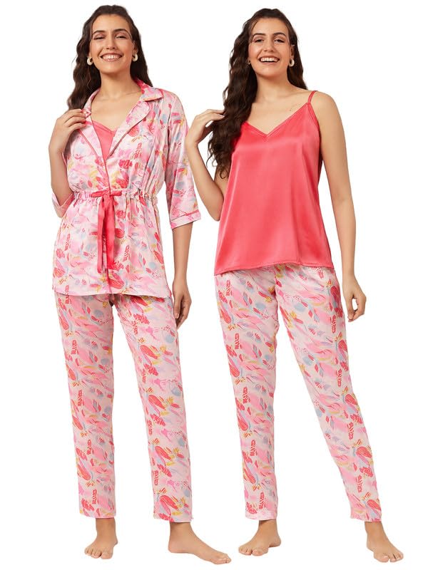 Women's Satin Floral Print Robe & Cami Top with Pyjama 3 Pc Night Suit Set- Multicolor-image-46