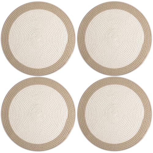 Image of Dining Table Mats Set of 4 | Cotton Table Mat 32 cm Diameter, Encasa XO Washable Round Table Mats, Heat Resistance Dining Table Placemats, Handmade Ribbed Style for Centre Table, Off White & Beige