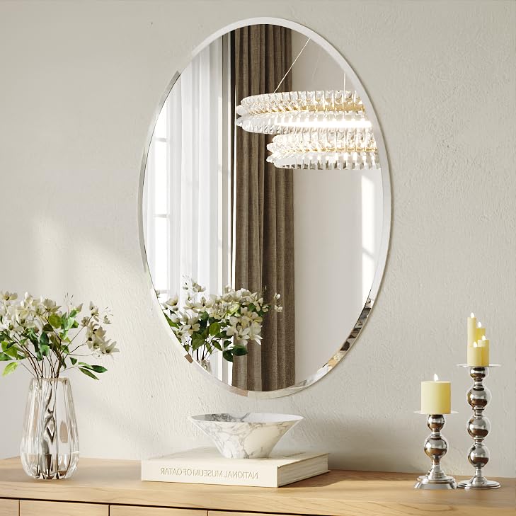 frameless oval bathroom wall mirror, 20"x28" wall mirror with 15mm beveled edge, tempered glass, farmhouse small mirror for over sink, bedroom, entryway