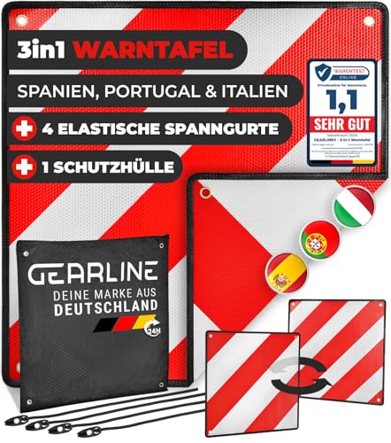GEARLINE® 3-in-1 Warntafel für Italien, Spanien & Portugal [inkl. 4X Spanngurte & Schutzhülle] – ideal zur optischen Kennzeichnung bei Reisen – reflektierendes Warnschild für Heckträger [50x50 cm]
