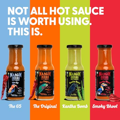 Image of NAAGIN - Indian Hot Chilli Spicy Sauce - The Original, Kantha Bomb, Smoky Bhoot & The 65, Bottle (230gm Each, Pack of 4)