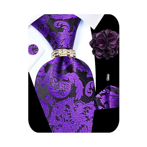 Image of 5PCS Tie and Pocket Square for Men, Silk Necktie and Handkerchief Cufflinks with Gold Ring and Lapel Pin Set