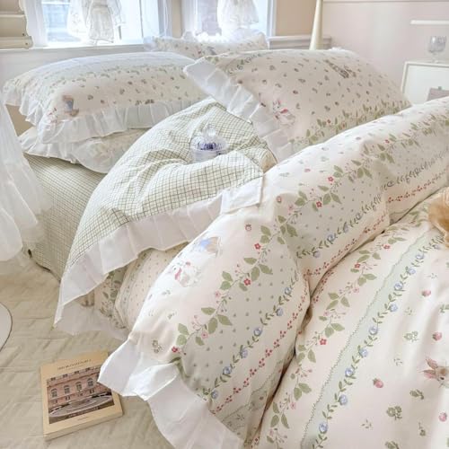 Image of LifeTB Botanical Floral Comforter Set Full Size Cute Flower Leaves Rabbit Pattern Comforter Reversible Green Plaid Comforter Girls Princess Bedding Set Lace Ruffle Comforter Set for Kids Teen Girls
