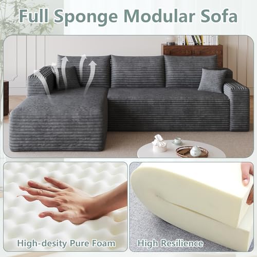 Image of 95 inch Modular Sectional Sofa, Modern Corduroy Cloud Couch with Side Pockets, Boneless Couch Upholstered 3-Seater L-Shaped Sofa for Living Room, No Assembly Required (Dark Gray,Left-Facing Chaise)
