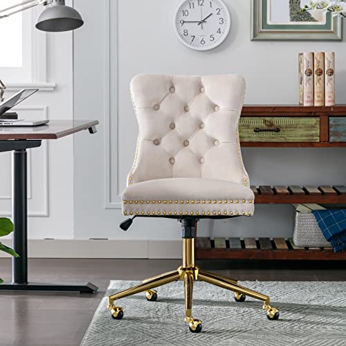 Swivel Office Chair, Height Adjustable Home Office Chair With Button Tufted Back & Golden Metal Base Velvet Upholstered Desk Chair Computer Task Chair For Small Space, Living Room, Studying, Beige #TOP18