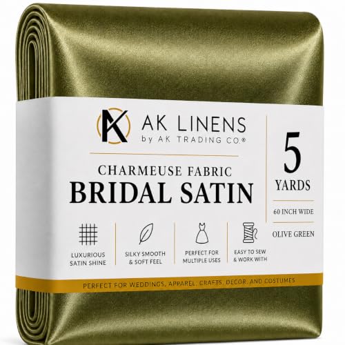 AK TRADING CO. 60" inches Wide-by The Yard-Charmeuse Bridal Satin Fabric for Wedding, Apparel, Crafts, Decor, Costumes (Olive, 5 Yards)