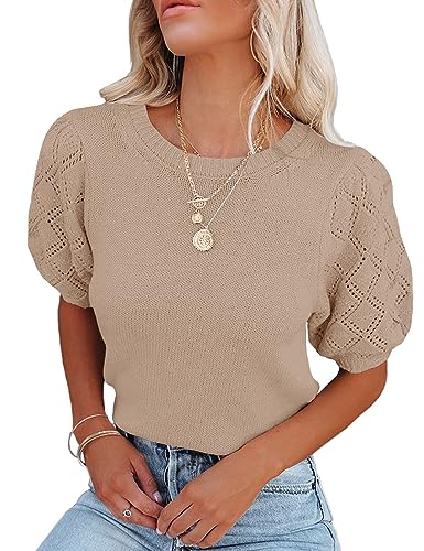 Image of Womens Short Sleeve Sweaters Crewneck Knit Pullover Tops 2025 Summer Casual Lightweight Crochet Blouse Shirt