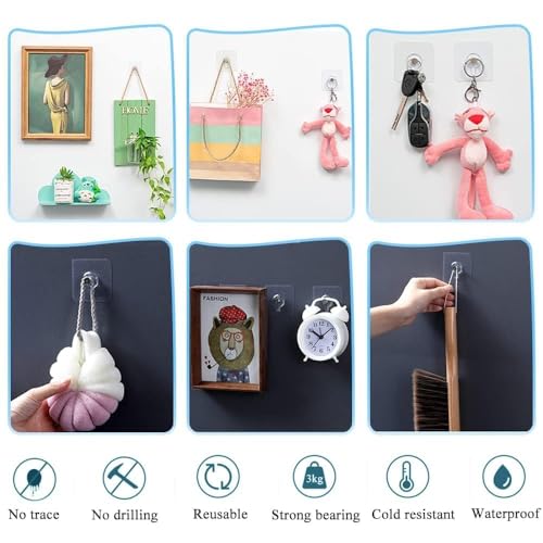 Image of 10PCS Adhesive Picture Hooks, Picture Hangers without Nails, Transparent Picture Hanging Kit for Pictures, Frames, Wreath and Wall decor, No Nail