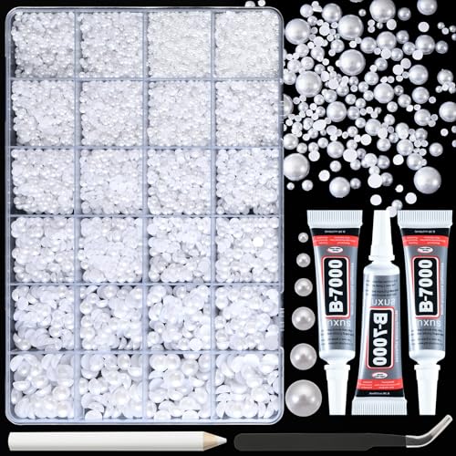 OPMADM 17000 Pcs Flat Back Pearls for Crafting with B7000 Glue White Half Pearl Beads for Jewelry Making Beads for Nails Party Face Clothes Shoe Balloon Birthday Decorations Cup DIY 2/3/4/5/6/8mm