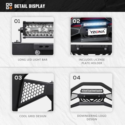 Image of YZONA Bull Bar with LED Light Bar & License Plate Frame Compatible for 2015-2022 Chevy Colorado & GMC Canyon Front Grill Guard Grille, Truck Brush Guard, Bumper Push (Include Skid Plate & Light Mount)